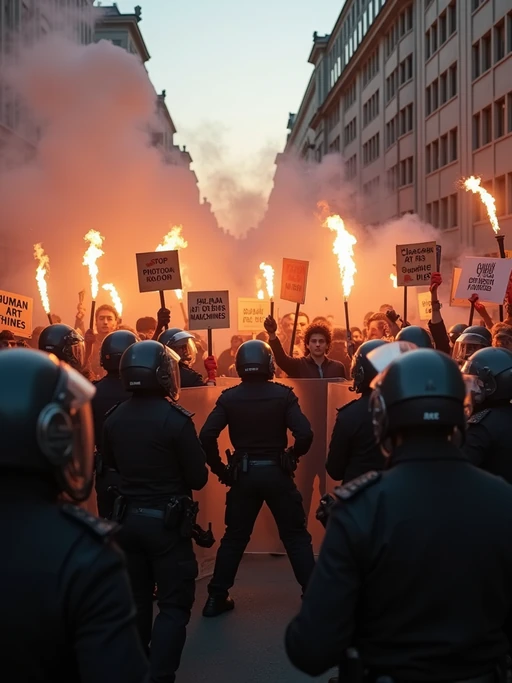 a tense protest scene in the day, with riot police pushing back a crowd of angry demonstrators holding torches and signs saying 'stop PhotoAI.com' and 'human art over machines.' tear gas fills the air as TV news channel-style reporters duck for cover. the chyron at the bottom reads: 'clashes at ai video protest—multiple arrests reported.' the camera shakes as protesters chant, 'ban ai lies!' while police use shields to block them.