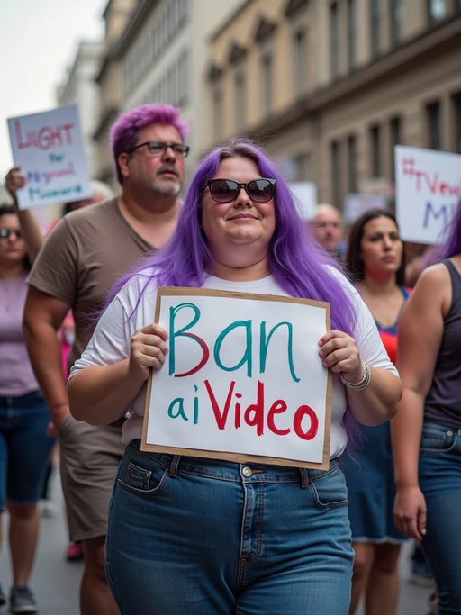 group of obese fat protesters in casual clothes with purple hair holding signs "ban ai video"