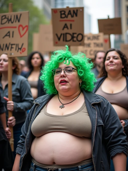 group of obese fat protesters with green hair holding signs "ban ai video"