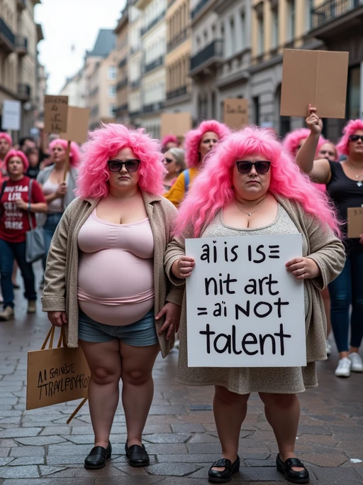group of obese fat protesters in casusal clothes with pink hair holding signs "ai is not art, ai is not film, ai is not talent!"