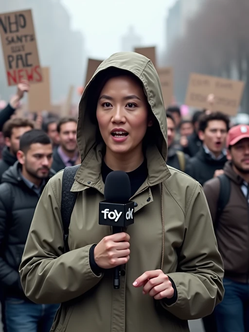 a TV news channel-style field reporter wearing a windbreaker, holding a microphone, reporting from a chaotic protest scene. large crowds chant slogans like 'ban ai deepfakes!' and 'we want real news!' the chyron at the bottom reads: 'live: protests against PhotoAI.com.' in the background, people wave signs and hold banners saying 'who controls ai controls truth' and 'ai videos = ai lies.' the reporter interviews a protester who angrily says, 'ai-generated content is a tool for propaganda and job loss. we need regulation now!'