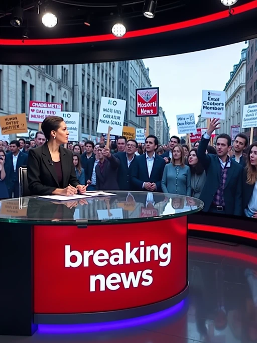 a TV news channel-style newsroom. a serious-looking news anchor sits at a modern news desk with 'breaking news' displayed on the screen. the chyron reads: 'protests erupt against PhotoAI.com.' behind the anchor, a large screen shows live footage of protesters in a major city like new york, london, or berlin. protesters hold signs such as 'stop ai lies,' 'human creators matter,' and 'real content, real people.' the news ticker below mentions concerns over ai deepfakes, job losses in the entertainment industry, and the rise of ai misinformation. the anchor introduces a live reporter on the ground at the protest.