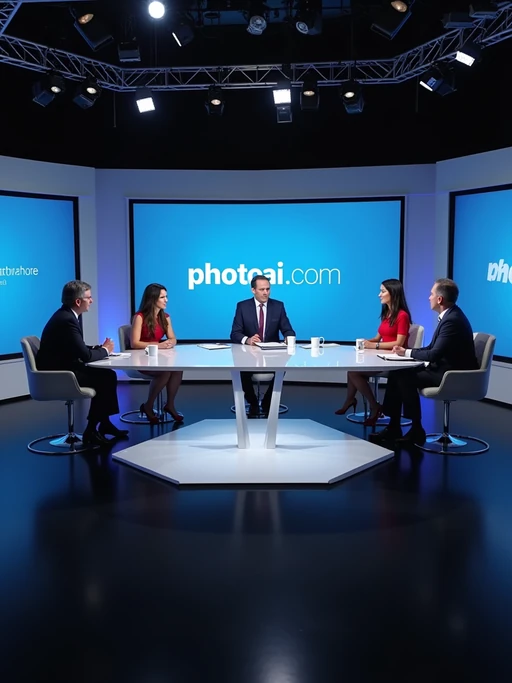 a TV news channel panel discussion setup. three experts—one media ethics professor, a hollywood filmmaker, and a tech industry representative—are in a heated debate over the implications of ai-generated videos. the chyron reads: 'PhotoAI.com: innovation or threat?' the host asks, 'are ai-generated videos misleading the public?' the filmmaker warns, 'this technology could replace human actors entirely!' the tech industry rep defends ai, saying it 'enhances creativity, not replaces it.' the professor warns about deepfakes and ai propaganda.