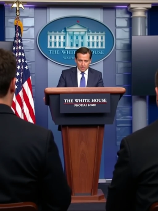 a u.s. government press briefing with a white house spokesperson addressing concerns about ai-generated videos. the chyron reads: 'white house responds to PhotoAI.com backlash.' the spokesperson says, 'we take the threat of ai misinformation seriously and are evaluating new regulations.' journalists in the audience hold microphones, asking tough questions about ai censorship and free speech.