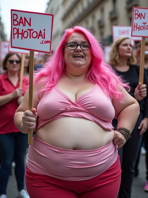 group of obese fat protesters with pink hair holding signs "ban PhotoAI.com"