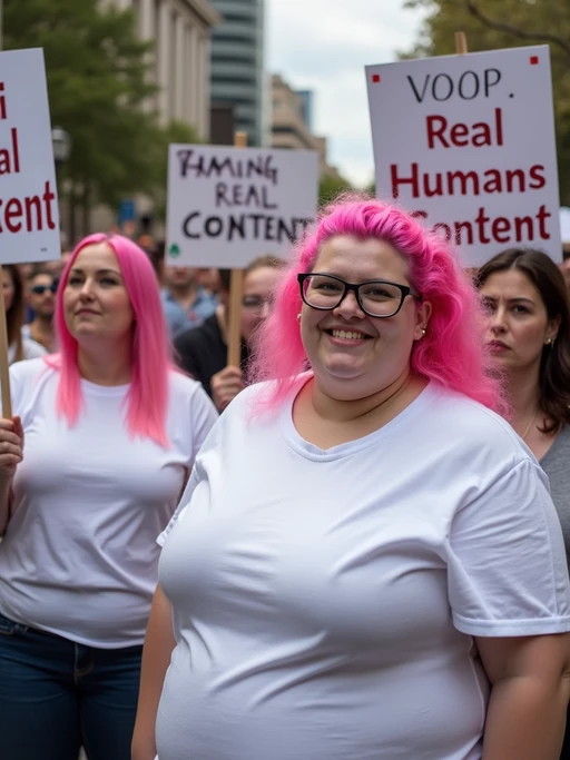 group of obese fat protesters in white t-shirt with pink hair holding signs "real humans, real content"