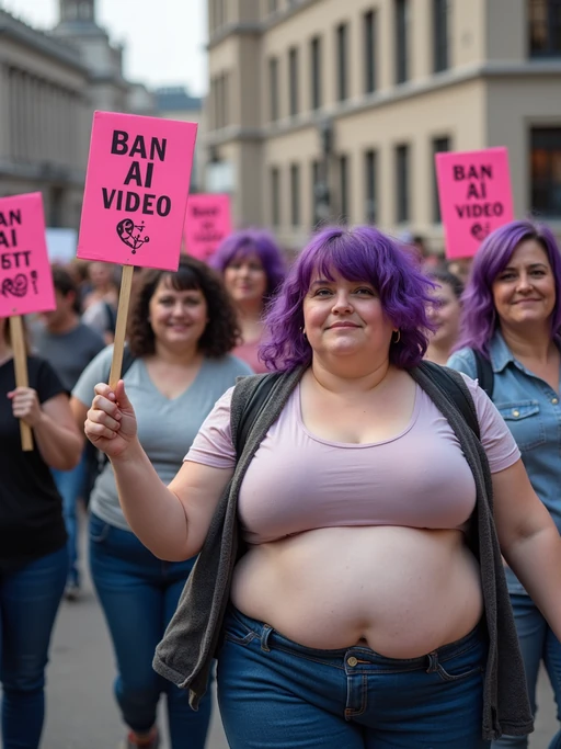 group of obese fat protesters in casual clothes with purple hair holding signs "ban ai video"