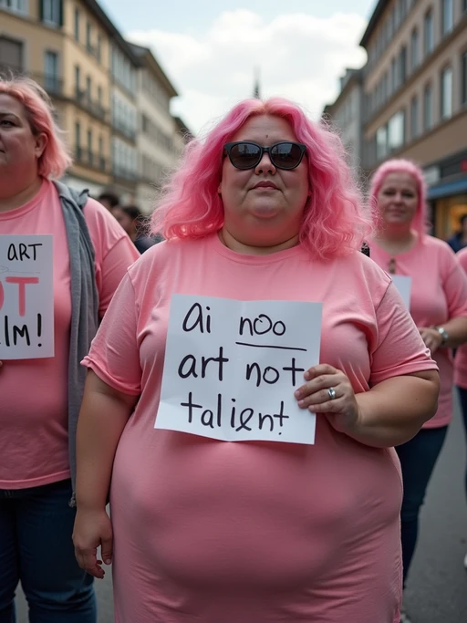 group of obese fat protesters in casusal clothes with pink hair holding signs "ai is not art, ai is not film, ai is not talent!"