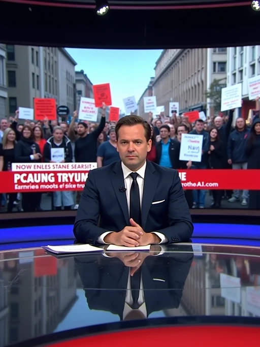 a TV news channel-style newsroom. a serious-looking news anchor sits at a modern news desk with 'breaking news' displayed on the screen. the chyron reads: 'protests erupt against PhotoAI.com.' behind the anchor, a large screen shows live footage of protesters in a major city like new york, london, or berlin. protesters hold signs such as 'stop ai lies,' 'human creators matter,' and 'real content, real people.' the news ticker below mentions concerns over ai deepfakes, job losses in the entertainment industry, and the rise of ai misinformation. the anchor introduces a live reporter on the ground at the protest.