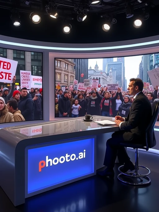 a TV news channel-style newsroom. a serious-looking news anchor sits at a modern news desk with 'breaking news' displayed on the screen. the chyron reads: 'protests erupt against PhotoAI.com.' behind the anchor, a large screen shows live footage of protesters in a major city like new york, london, or berlin. protesters hold signs such as 'stop ai lies,' 'human creators matter,' and 'real content, real people.' the news ticker below mentions concerns over ai deepfakes, job losses in the entertainment industry, and the rise of ai misinformation. the anchor introduces a live reporter on the ground at the protest.