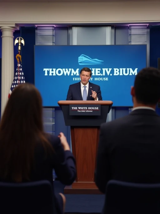 a u.s. government press briefing with a white house spokesperson addressing concerns about ai-generated videos. the chyron reads: 'white house responds to PhotoAI.com backlash.' the spokesperson says, 'we take the threat of ai misinformation seriously and are evaluating new regulations.' journalists in the audience hold microphones, asking tough questions about ai censorship and free speech.
