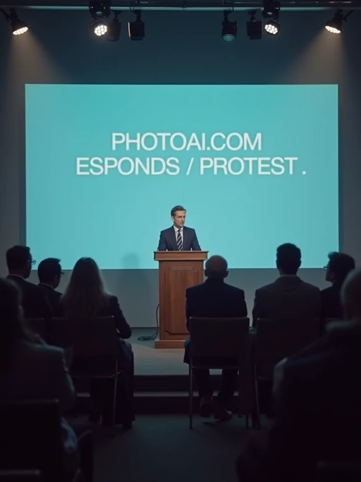 a formal press conference with a tech ceo responding to the backlash against ai-generated videos. the chyron reads: 'PhotoAI.com responds to protests.' the ceo, standing at a podium, says, 'ai-generated content is the future of media, but we understand concerns about deepfakes and misinformation.' reporters ask questions, demanding answers about ai's impact on jobs and truth in journalism.