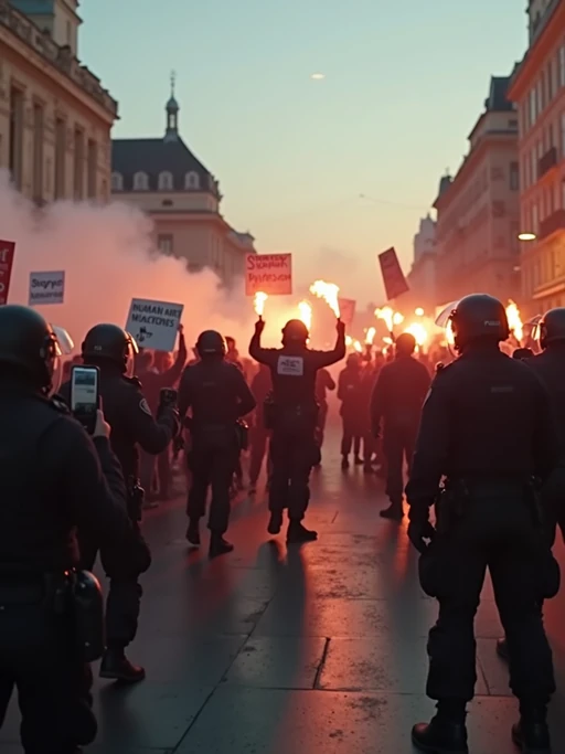 a tense protest scene in the day, with riot police pushing back a crowd of angry demonstrators holding torches and signs saying 'stop PhotoAI.com' and 'human art over machines.' tear gas fills the air as TV news channel-style reporters duck for cover. the chyron at the bottom reads: 'clashes at ai video protest—multiple arrests reported.' the camera shakes as protesters chant, 'ban ai lies!' while police use shields to block them.