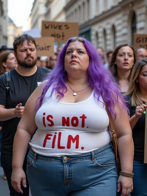group of obese fat protesters in casual clothes with purple hair holding signs "ai is not film"