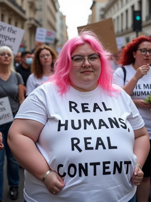 group of obese fat protesters in white t-shirt with pink hair holding signs "real humans, real content"