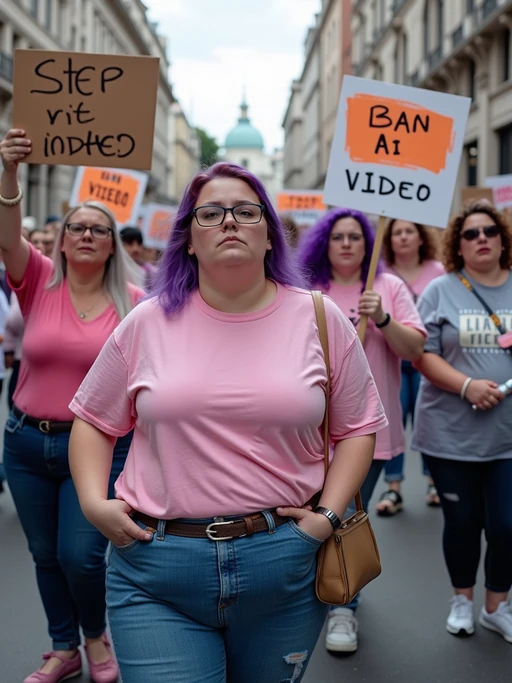 group of obese fat protesters in casual clothes with purple hair holding signs "ban ai video"