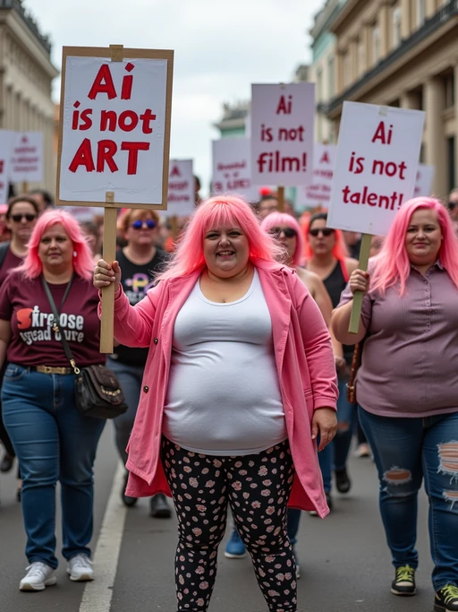 group of obese fat protesters in casusal clothes with pink hair holding signs "ai is not art, ai is not film, ai is not talent!"