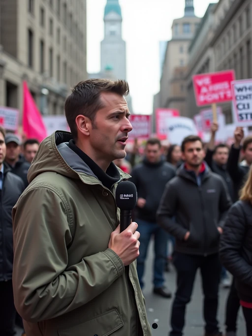a TV news channel-style field reporter wearing a windbreaker, holding a microphone, reporting from a chaotic protest scene. large crowds chant slogans like 'ban ai deepfakes!' and 'we want real news!' the chyron at the bottom reads: 'live: protests against PhotoAI.com.' in the background, people wave signs and hold banners saying 'who controls ai controls truth' and 'ai videos = ai lies.' the reporter interviews a protester who angrily says, 'ai-generated content is a tool for propaganda and job loss. we need regulation now!'
