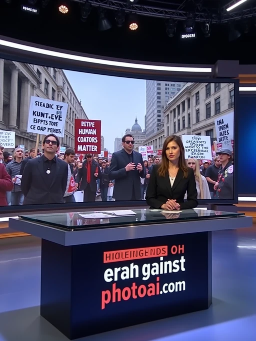 a TV news channel-style newsroom. a serious-looking news anchor sits at a modern news desk with 'breaking news' displayed on the screen. the chyron reads: 'protests erupt against PhotoAI.com.' behind the anchor, a large screen shows live footage of protesters in a major city like new york, london, or berlin. protesters hold signs such as 'stop ai lies,' 'human creators matter,' and 'real content, real people.' the news ticker below mentions concerns over ai deepfakes, job losses in the entertainment industry, and the rise of ai misinformation. the anchor introduces a live reporter on the ground at the protest.