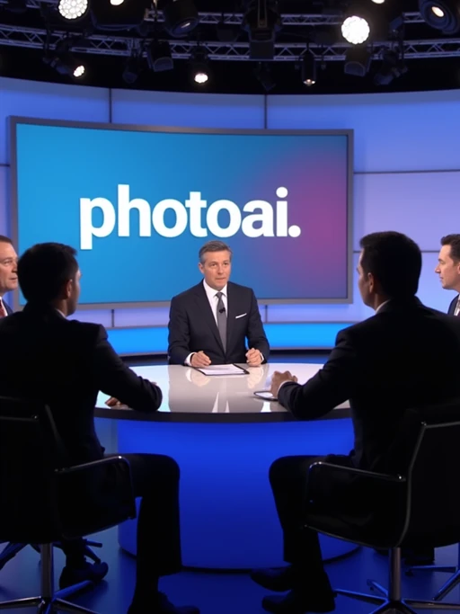 a TV news channel panel discussion setup. three experts—one media ethics professor, a hollywood filmmaker, and a tech industry representative—are in a heated debate over the implications of ai-generated videos. the chyron reads: 'PhotoAI.com: innovation or threat?' the host asks, 'are ai-generated videos misleading the public?' the filmmaker warns, 'this technology could replace human actors entirely!' the tech industry rep defends ai, saying it 'enhances creativity, not replaces it.' the professor warns about deepfakes and ai propaganda.