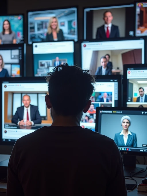 a fast-paced montage of tiktok, twitter, and youtube posts reacting to the anti-ai video protests. screens show influencers, journalists, and politicians debating ai-generated content. the chyron reads: 'social media explodes over ai video controversy.' viral hashtags appear on-screen: #stopaimanipulation, #humancreatorsmatter, #bandeepfakes