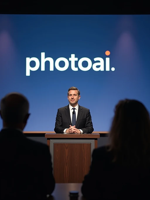 a formal press conference with a tech ceo responding to the backlash against ai-generated videos. the chyron reads: 'PhotoAI.com responds to protests.' the ceo, standing at a podium, says, 'ai-generated content is the future of media, but we understand concerns about deepfakes and misinformation.' reporters ask questions, demanding answers about ai's impact on jobs and truth in journalism.