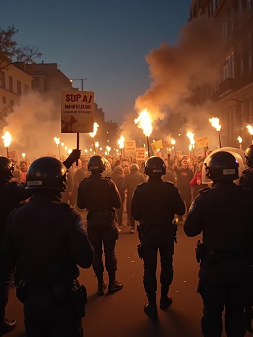 a tense protest scene at night, with riot police pushing back a crowd of angry demonstrators holding torches and signs saying 'stop ai manipulation' and 'human art over machines.' tear gas fills the air as TV news channel-style reporters duck for cover. the chyron at the bottom reads: 'clashes at ai video protest—multiple arrests reported.' the camera shakes as protesters chant, 'ban ai lies!' while police use shields to block them.