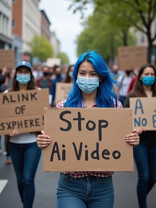 group of protesters in casual clothes with face masks and blue hair holding signs "stop ai video"