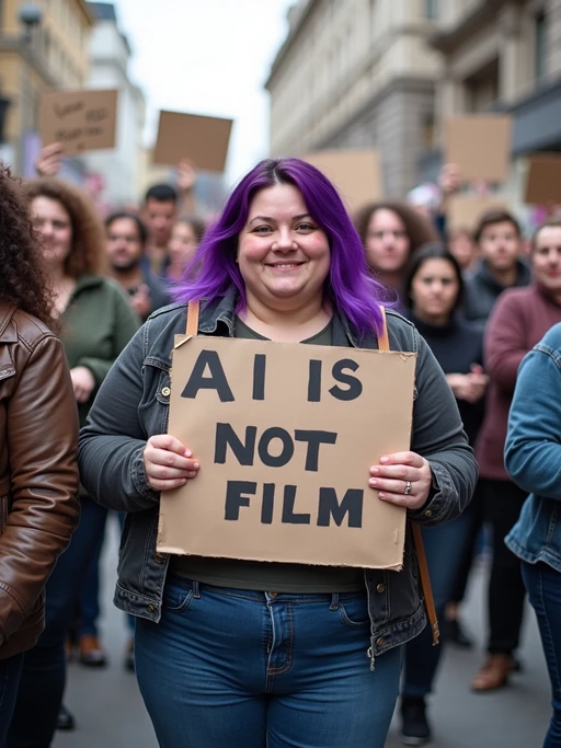 group of obese fat protesters in casual clothes with purple hair holding signs "ai is not film"