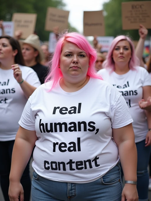 group of obese fat protesters in white t-shirt with pink hair holding signs "real humans, real content"