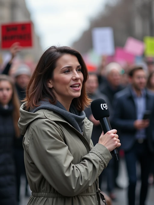 a TV news channel-style field reporter wearing a windbreaker, holding a microphone, reporting from a chaotic protest scene. large crowds chant slogans like 'ban ai deepfakes!' and 'we want real news!' the chyron at the bottom reads: 'live: protests against PhotoAI.com.' in the background, people wave signs and hold banners saying 'who controls ai controls truth' and 'ai videos = ai lies.' the reporter interviews a protester who angrily says, 'ai-generated content is a tool for propaganda and job loss. we need regulation now!'