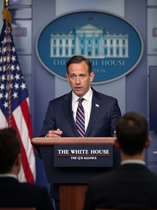 a u.s. government press briefing with a white house spokesperson addressing concerns about ai-generated videos. the chyron reads: 'white house responds to PhotoAI.com backlash.' the spokesperson says, 'we take the threat of ai misinformation seriously and are evaluating new regulations.' journalists in the audience hold microphones, asking tough questions about ai censorship and free speech.