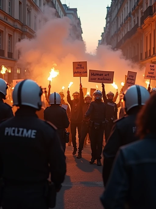 a tense protest scene in the day, with riot police pushing back a crowd of angry demonstrators holding torches and signs saying 'stop PhotoAI.com' and 'human art over machines.' tear gas fills the air as TV news channel-style reporters duck for cover. the chyron at the bottom reads: 'clashes at ai video protest—multiple arrests reported.' the camera shakes as protesters chant, 'ban ai lies!' while police use shields to block them.