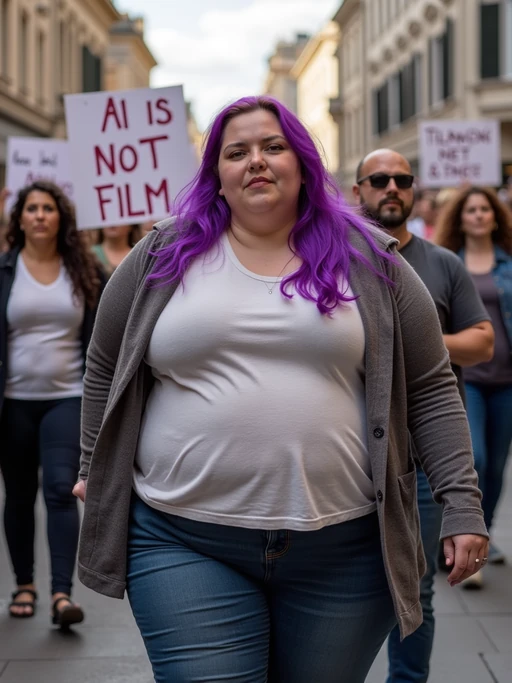 group of obese fat protesters in casual clothes with purple hair holding signs "ai is not film"