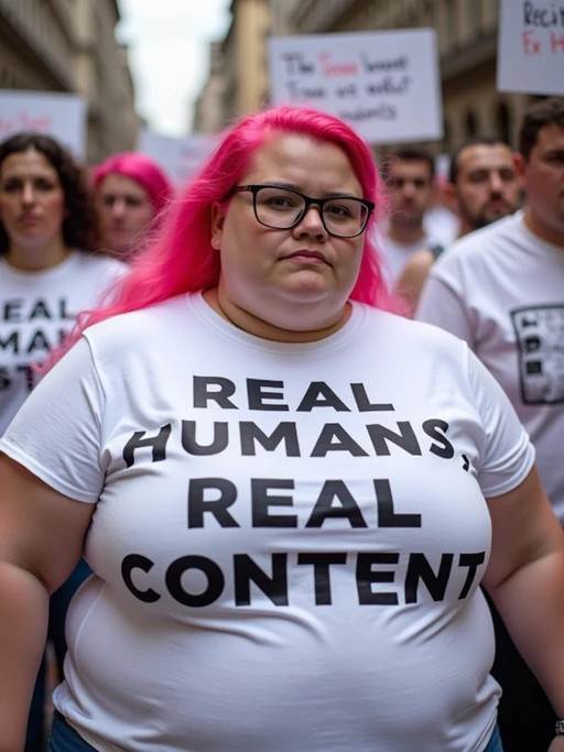 group of obese fat protesters in white t-shirt with pink hair holding signs "real humans, real content"