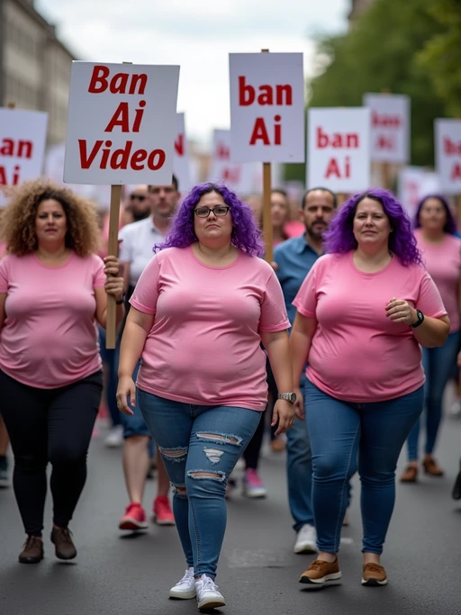 group of obese fat protesters in casual clothes with purple hair holding signs "ban ai video"