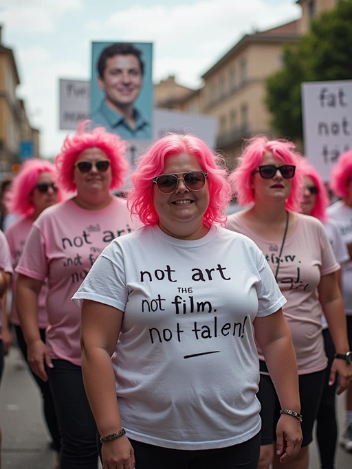 group of obese fat protesters in casusal clothes with pink hair holding signs "ai is not art, ai is not film, ai is not talent!"