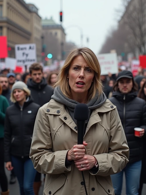 a TV news channel-style field reporter wearing a windbreaker, holding a microphone, reporting from a chaotic protest scene. large crowds chant slogans like 'ban ai deepfakes!' and 'we want real news!' the chyron at the bottom reads: 'live: protests against PhotoAI.com.' in the background, people wave signs and hold banners saying 'who controls ai controls truth' and 'ai videos = ai lies.' the reporter interviews a protester who angrily says, 'ai-generated content is a tool for propaganda and job loss. we need regulation now!'