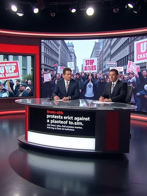 a TV news channel-style newsroom. a serious-looking news anchor sits at a modern news desk with 'breaking news' displayed on the screen. the chyron reads: 'protests erupt against PhotoAI.com.' behind the anchor, a large screen shows live footage of protesters in a major city like new york, london, or berlin. protesters hold signs such as 'stop ai lies,' 'human creators matter,' and 'real content, real people.' the news ticker below mentions concerns over ai deepfakes, job losses in the entertainment industry, and the rise of ai misinformation. the anchor introduces a live reporter on the ground at the protest.