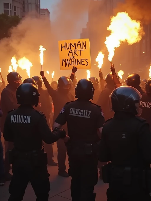 a tense protest scene in the day, with riot police pushing back a crowd of angry demonstrators holding torches and signs saying 'stop PhotoAI.com' and 'human art over machines.' tear gas fills the air as TV news channel-style reporters duck for cover. the chyron at the bottom reads: 'clashes at ai video protest—multiple arrests reported.' the camera shakes as protesters chant, 'ban ai lies!' while police use shields to block them.