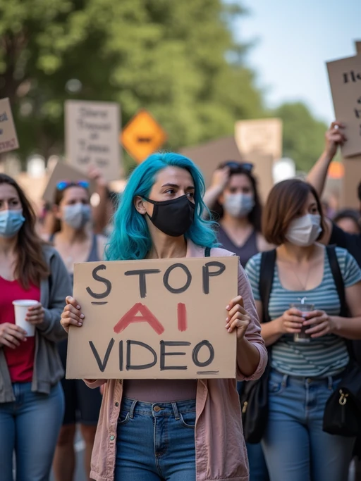 group of protesters in casual clothes with face masks and blue hair holding signs "stop ai video"