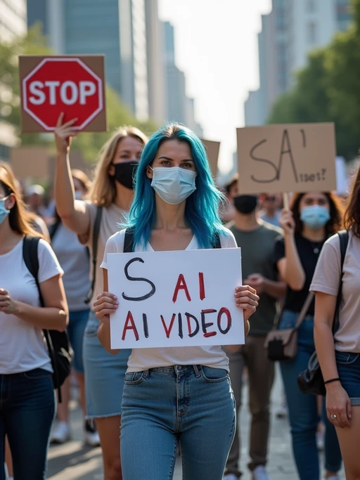 group of protesters in casual clothes with face masks and blue hair holding signs "stop ai video"