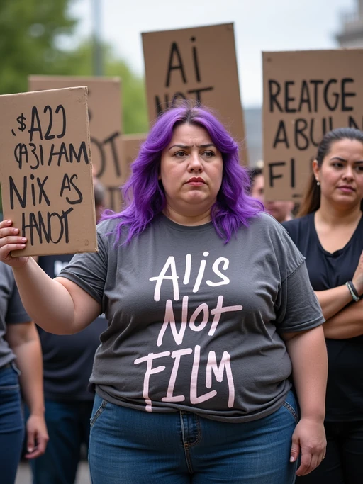 group of obese fat protesters in casual clothes with purple hair holding signs "ai is not film"