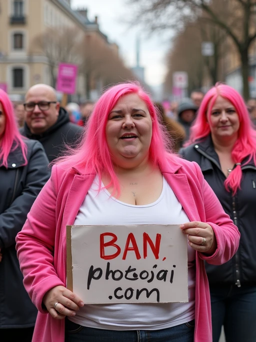 group of obese fat protesters with pink hair holding signs "ban PhotoAI.com"