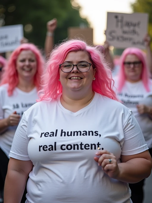 group of obese fat protesters in white t-shirt with pink hair holding signs "real humans, real content"