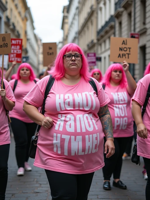 group of obese fat protesters in casusal clothes with pink hair holding signs "ai is not art, ai is not film, ai is not talent!"