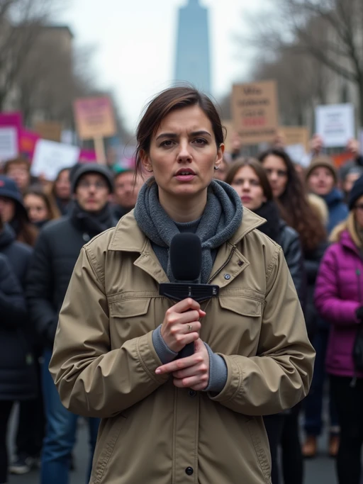 a TV news channel-style field reporter wearing a windbreaker, holding a microphone, reporting from a chaotic protest scene. large crowds chant slogans like 'ban ai deepfakes!' and 'we want real news!' the chyron at the bottom reads: 'live: protests against PhotoAI.com.' in the background, people wave signs and hold banners saying 'who controls ai controls truth' and 'ai videos = ai lies.' the reporter interviews a protester who angrily says, 'ai-generated content is a tool for propaganda and job loss. we need regulation now!'