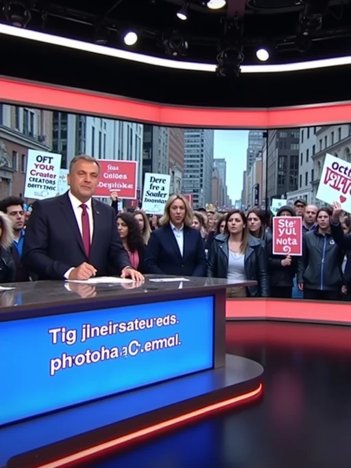 a TV news channel-style newsroom. a serious-looking news anchor sits at a modern news desk with 'breaking news' displayed on the screen. the chyron reads: 'protests erupt against PhotoAI.com.' behind the anchor, a large screen shows live footage of protesters in a major city like new york, london, or berlin. protesters hold signs such as 'stop ai lies,' 'human creators matter,' and 'real content, real people.' the news ticker below mentions concerns over ai deepfakes, job losses in the entertainment industry, and the rise of ai misinformation. the anchor introduces a live reporter on the ground at the protest.