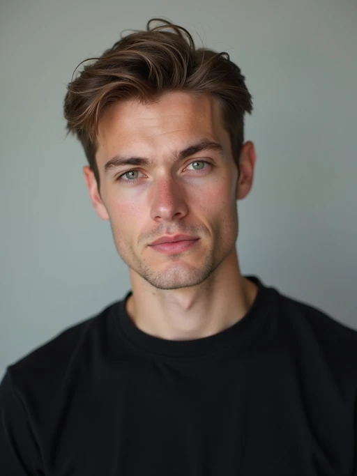 model looking straight into camera with mouth closed and no emotion. plain background. wearing black if(gender=f){tank top} if(gender=m){t-shirt}
