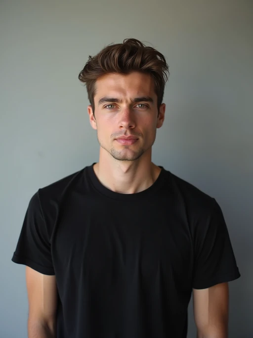 model looking straight into camera with mouth closed and no emotion. plain background. wearing black if(gender=f){tank top} if(gender=m){t-shirt}